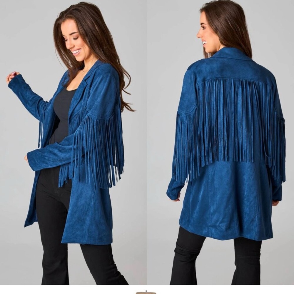 Fringe Faux Suede Jacket - Blue - Picture 4 of 6
